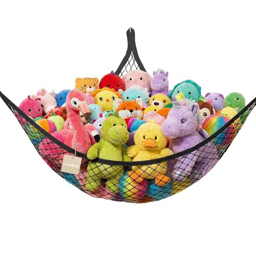 Lazebox Stuffed Animal Net Hammock for Plushie Toys, Stuffed Animal Hammock Corner for Kids' Room Decor, Ideas for Organizing Stuffy Collection, Black, L (67" x 40" x 40")-Pack of 1