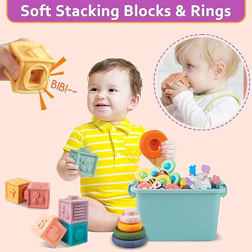 Baby Toys for 6 to 12 Months, Montessori Sensory Bins & Teething Toys, 6 in 1 Stacking Blocks, Rings, Eggs, Spinner, Crab Shape, 27 Pieces, Ages 6-36 Months