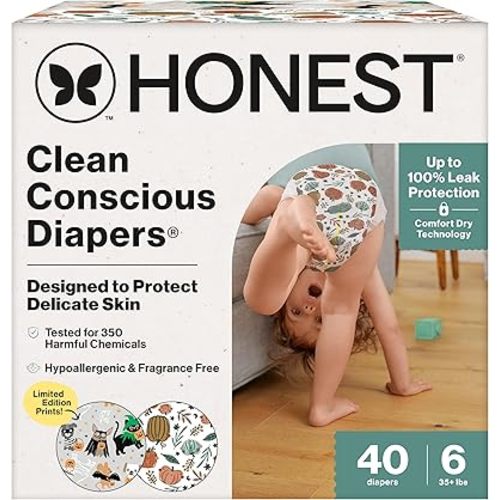 The Honest Company Comfort Dry Disposable Diapers for Sensitive Skin, Hypoallergenic, Fragrance-Free, Fall '25 Seasonal Prints, Club Box, Size 6 (35 lbs), 40 Count