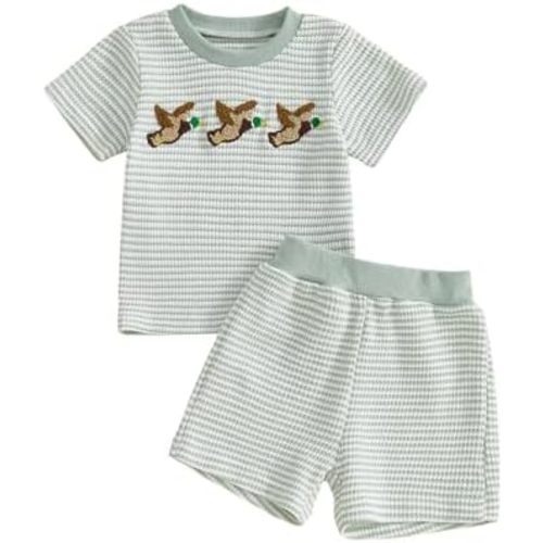 Toddler Boys Summer Outfits Mallard Duck Embroidery Short Sleeve T-Shirts Shorts Set Baby Duck Clothes