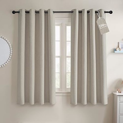 NICETOWN 100% Blackout Curtains 63 inches Long for Bedroom, Crisp Faux Linen Shield for Living Room 2 Panels, Noise Reducing & Energy Efficient, Keeping Out Cold Air and Heat, W52 x L63, Natural