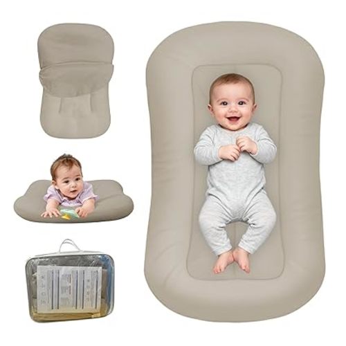 Baby Lounger for Newborn, Bionic Design Baby Lounger, Soft Organic Cotton Breathable Lounger for Infants 0-24 Months (Cream Grey)