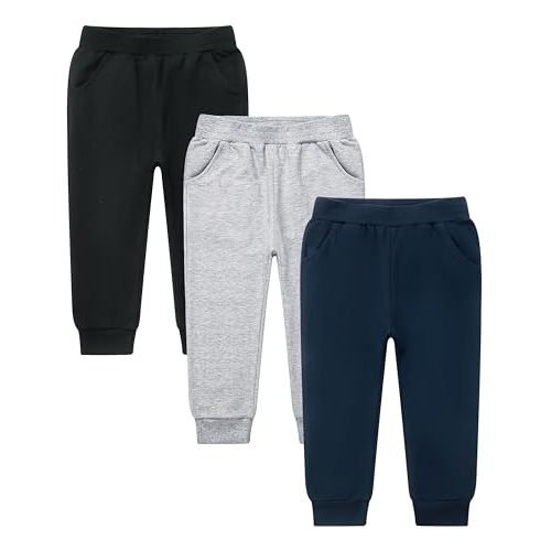 GFQLONG 2/3 Pack Toddler Pants Sweatpants Boys Cotton Joggers, Athletic Pull on Sweat Pants with Pockets for Kids Clothes