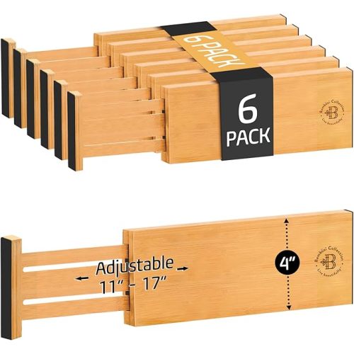 6 Pack Drawer Dividers 4 Inch High, 11”-17" Adjustable Bamboo Organizers Large Expandable Drawer Separators for Cloths, Dresser, Bedroom, Bathroom, Baby Drawer, Office & Kitchen Utensils (Natural)
