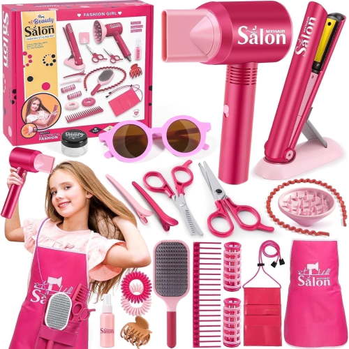 Adofi Girl Toys, 22 Pieces Play Hair Salon with Realistic Blow Dryer, Straightener, Pretend Play Makeup for Little Girls, Kids Makeup Set for Girls, Toys for Girls 3 6 Years, Girls Toys Ages 4 6