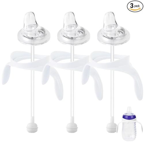 Sippy Cup Conversion Kit for Lansinoh Baby Bottles, Soft Straw Top and Weighted Straw Transition Kit with Handles, Set of 3