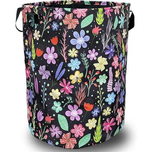Colorful Flowers Laundry Basket Foldable With Handles Floral Tote Bag Oxford Cloth Universal Laundry Hamper Clothes Storage Bucket Toy Organizer 18.9" x 16.5" For Bathroom/Laundry/Bedroom