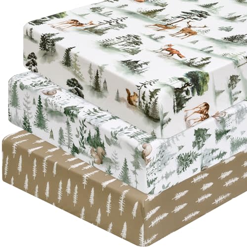 PHF 3 Pack Soft Woodland Crib Sheets Fitted, Silky Comfy Breathable Baby Sheets for Boys Girls Neutral, 28x52 Inches Fits Standard Crib and Toddler Mattresses, Woodland