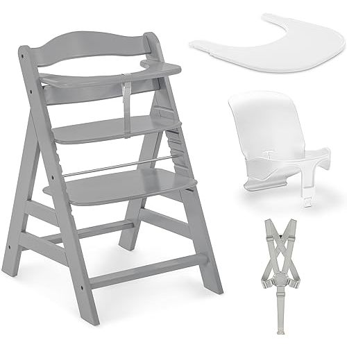 hauck Adjustable Wooden High Chair for Babies and Toddlers - Includes Baby Insert, Tray & Safety Harness - Grows with Child up to 198 lbs - Gray