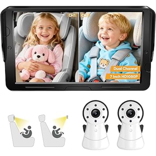 2-Kids Baby Car Camera Dual Monitor – 7 Inch Display with Two Rear Facing Car Seat Cameras, 1080P HD Night Vision IR-CUT, USB Powered Plug and Play Backseat Baby Monitor for Infant & Toddler Safety