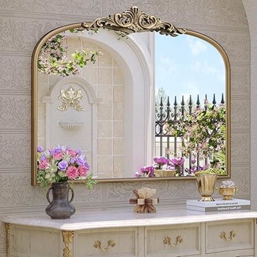Arched Antique Wall Mirror, 32"x24" Wide Vintage Gold Bathroom Vanity Mirror, Ornate Arch Bronze Mirror for Over Sink/Fireplace/Entryway
