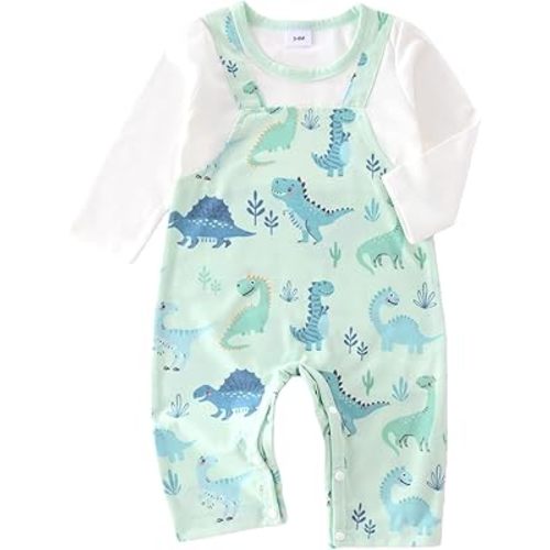 Cute Baby Boy Clothes, Dinosaur Pattern, Fake Two-Piece Overalls for Newborns 0-6M Baby