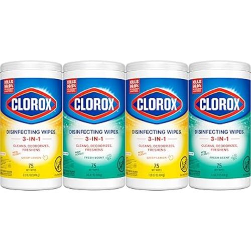 Clorox Disinfecting Cleaning Wipes for Spring Cleaning & Allergy Season, Bleach Free, Fresh Scent and Crisp Lemon, 75 Count Each, Pack of 4