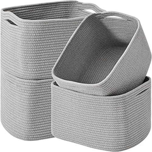 ICERZCZ Storage Baskets for Organizing & Shelves, Woven Cotton Rope Organization Bins for Dog Toys, Clothes, Books, Nursery Organizer, 15" Lx11 Wx9.5 H, (4 Packs) Grey