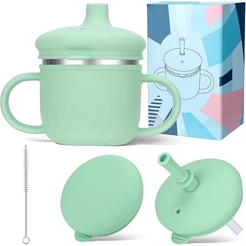 BUSOHA Stainless Steel Sippy Cups - 3 IN 1 Silicone Sippy Cup for Toddlers Baby Straw Cup with Brush Kids Cups with Lid and Silicon Straw Anti-Drop Spill Proof Cups for Travel,8 oz,Green