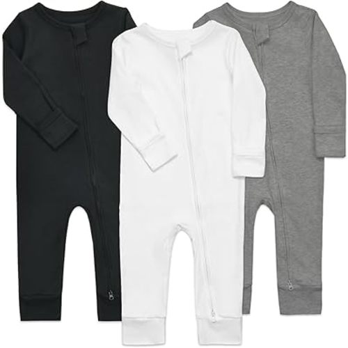 Aablexema 3-Pack Organic Cotton Baby Footless Pajamas with Mitten Cuffs, 2-Way Zipper Romper Sleepers