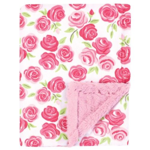 Hudson Baby Girls Plush Blanket with Furry Binding and Back, Pink Roses, One Size