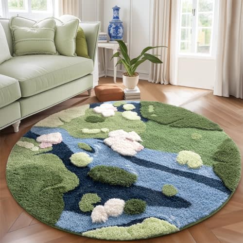 YIHOUSE Modern Round Area Rug, Grass Green Moss Aesthetic Rug for Bedroom Non-Slip Throw Shag Fluffy Carpet Washable Circle Rug for Nursery Room Girls Living Room Playroom Home Dorm Decor(4x4Ft)