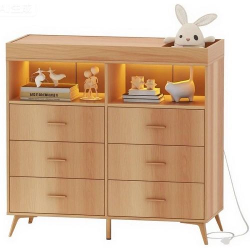 Dresser for Bedroom, with 6 Large Drawers & 2 Open Storage Compartments, Baby Dressers with Changing Table Top for Nursery