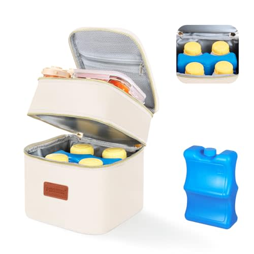 PIIOSER Insulated Baby Cooler Bag with Ice Pack, Fits 4 Baby Bottles Up to 5 Ounce, Portable Breastmilk Cooler Travel Bag with Buckle for Nursing & Working Mom Daycare (Cream-XS-1