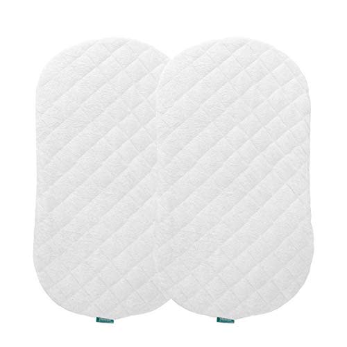 Bassinet Mattress Pad Cover（Improved Style）, Waterproof, Fit for Hourglass/Oval Bassinet Mattress, 2 Pack, Ultra Soft Bamboo Fleece Surface, Washer & Dryer, No Loosen and Pre-Shrinked