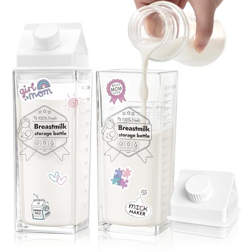 [Glass] Breastmilk Pitcher, Baby-Safe Milk Storage Bottles for Breastfeeding & Pumping, Reusable Milk Juice Beverages Container for Fridge, No Leak, BPA Free, 17 oz (2 Packs)