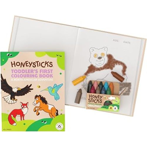 Honeysticks 100% Pure Beeswax Crayons Natural, Non Toxic, Safe for Toddlers, Kids and Children, Handmade in New Zealand, for 1 Year Plus (12 Pack with Book) Best Gift