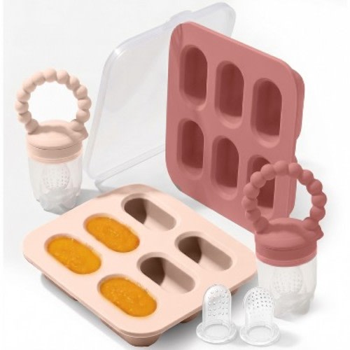 Silicone Baby Fruit Feeders with Freezer Tray for Batch Prep, Set of 2 Safe & Convenient Includes Extra Pouches & Travel Lids, Dishwasher Safe, Pink