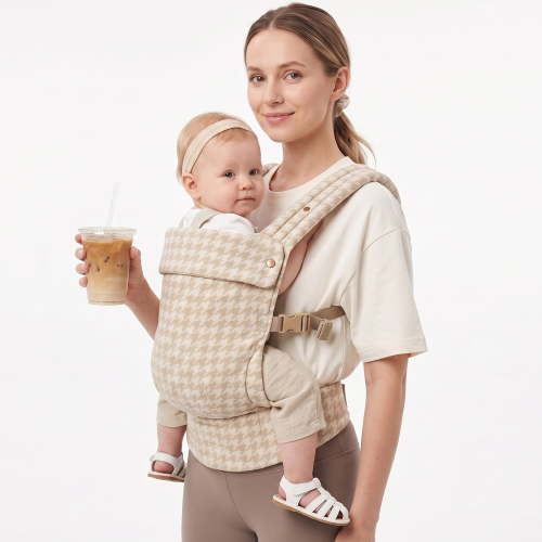 Lujifo Ergonomic Baby Carrier, Khaki Houndstooth, Cotton-Linen