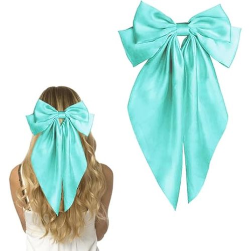 6Pcs Large Bow Hair Clips Teal Satin Silky Hair Bow Clips with Long Tail Giant Coquette Bows Hair Accessories for Women Girls