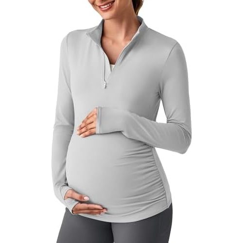 G4Free Lightweight Maternity Long Sleeve Workout Tops UPF 50+ Rash Guard Half Zip Sun Shirts Ruches Pregnancy Pullover