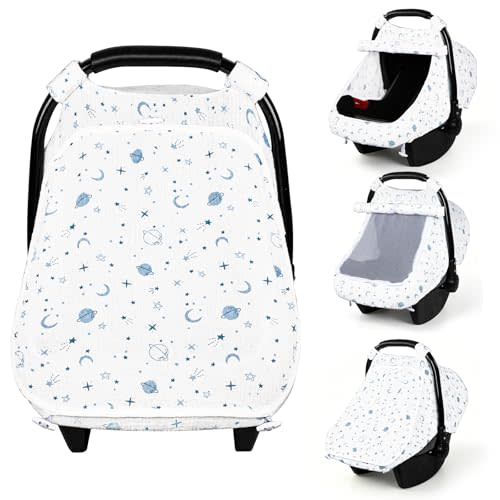 Muslin Car Seat Cover Baby, Breathable Baby Carseat Cover for Girls Boys, Lightweight Infant Car Seat Cover, Universal Stroller Cover for Sunshade, Baby Essentials for Outdoor in Summer, Blue Planet