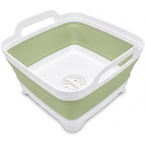 2.4 Gal(9L) Collapsible Dish Basin with Drain Plug, Space Saving Outdoor Multiuse Foldable Sink Tub, Dishpan, Kitchen Storage Tray for Camping, Vegetable Washing, RV (Green)