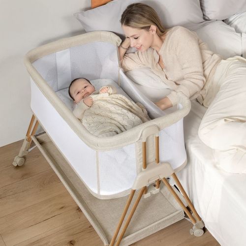 Fodoss Baby Bassinet Bedside Sleeper with Wheels & Storage Tray, Portable Crib for Newborns