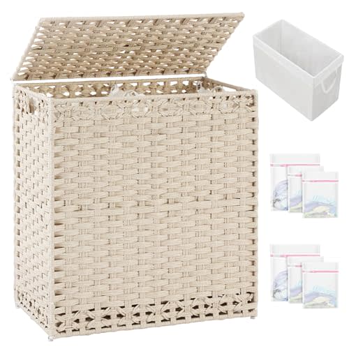SETVSON Laundry Hamper with Lid PE Rattan Laundry Basket, Light Khaki | Decorative Furniture Look for Bathroom & Bedroom, 2-Section Large Wicker Hamper, 2 Cloth Bags, 6 Mesh Bags Included