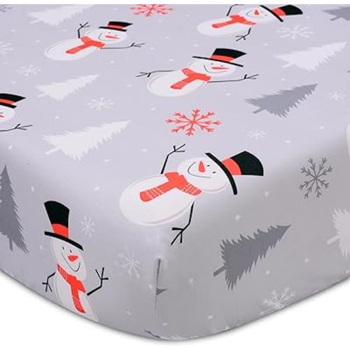 Christmas Crib Sheet, Fitted Crib Sheet with Christmas Snowman, Snowflake, Pine Tree, Measuring 52'' x 28'' to fit Standard Crib & Toddler Mattresses, Gray