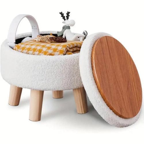 Highland Dunes Storage Ottoman, Modern Round Footrest With Soft Padded Seat, Teddy Velvet Footstool With Wood Legs, Accent Small Table Or Plant Stand For Hallway, Living Room(Color: Cream) | Wayfair