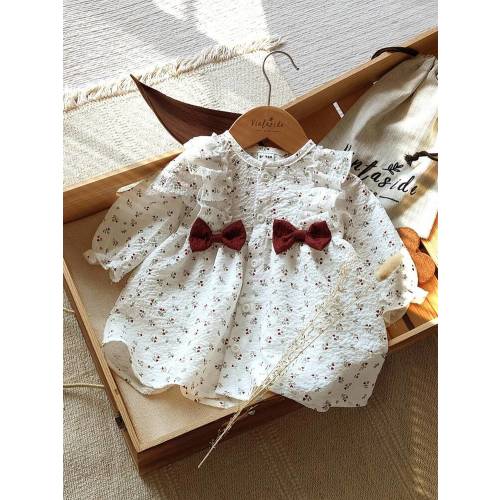 SHEIN Vintaside Kids Newborn Baby Girl Apricot Round Neck Ruffled Cartoon Cherry Print Long Sleeved Red Bow Dress Elegant And Cute, Suitable For All Seasons, New Style Fall Winter | SHEIN