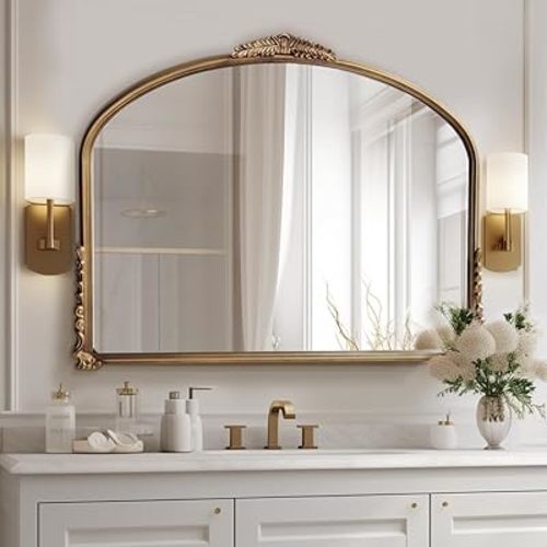 Gold Vintage Wall Mirror,Antique Wide Mirror Decor,Arched Big Mirror for Entryway/Bathroom/Fireplace 37"X29"