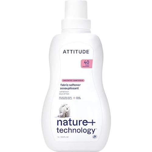ATTITUDE Liquid Fabric Softener, Plant-Based & Vegan, HE Compatible, Naturally Derived, Unscented, 40 Loads, 33.8 Fl Oz