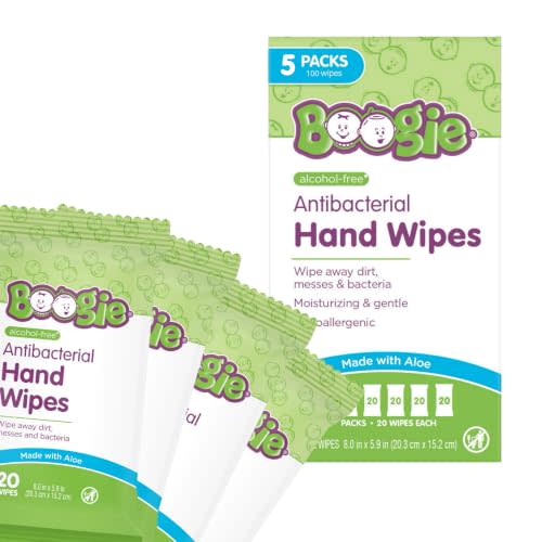 Boogie Antibacterial Hand Wipes - 100 Count | Hypoallergenic & Alcohol-Free, Travel and Diaper Bag Essential
