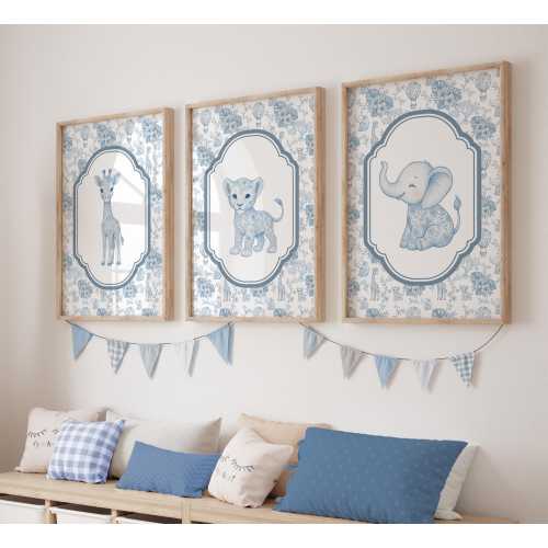 Safari Animal Nursery Prints, French Toile de Jouy Animals, Set of 3 Art Prints, Vintage Boy Nursery, Blue Chinoiserie 305H