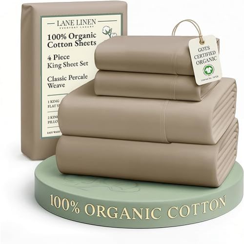 LANE LINEN 100% Organic Cotton Sheets Set, Long- Staple Percale Weave Ultra Soft Best- Bedding Sheets for Bed, GOTS Certified, Fits Mattress Upto 15inch Deep Pocket (King, Taupe)