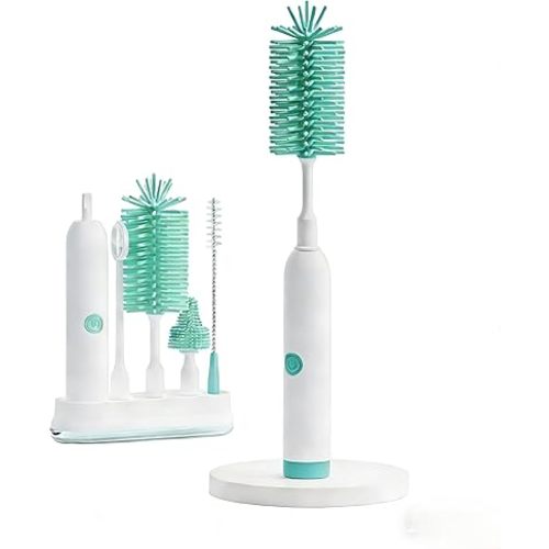 Rechargeable Electric Bottle Brush with Stand - 360° Spin Silicone Cleaner for Baby Bottles, Breast Pumps & Small Household Containers (Light Green)