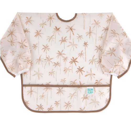 Bumkins Sleeved Bib for Girl or Boy, Baby and Toddler for 6-24 Mos, Essential Must Have for Eating, Feeding, Baby Led Weaning Supplies, Long Sleeve Mess Saving Food Catcher, Soft Fabric, Palm Trees
