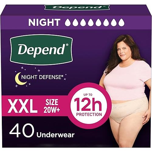 Depend Night Defense Adult Diapers, Incontinence & Postpartum Bladder Leak Underwear for Women, Disposable, Overnight, Extra-Extra-Large, Blush, 40 Count (4 Packs of 10), Packaging May Vary