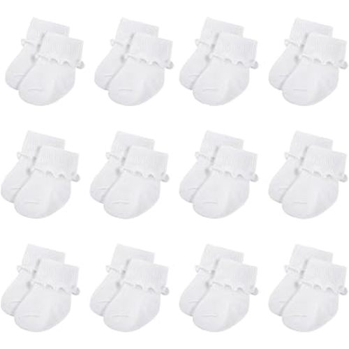 Toulite 12 Pairs Baby Ruffle Ankle Socksturn Cuff Cotton Girls and Boys Non-slip Warm Socks