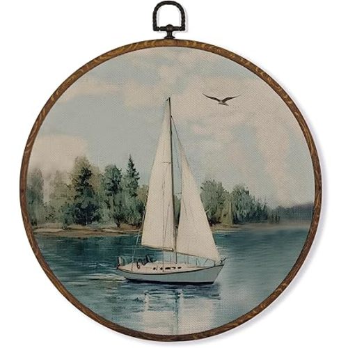 MOTERMATE Vintage Sailboat Nautical Wall Art Decor Round Framed, Coastal Beachy Boat Canvas Wall Art Artwork Prints, Ocean Sail Boat Hanging Decor Decorations for Home Bedroom Bathroom, 10x10 Inch