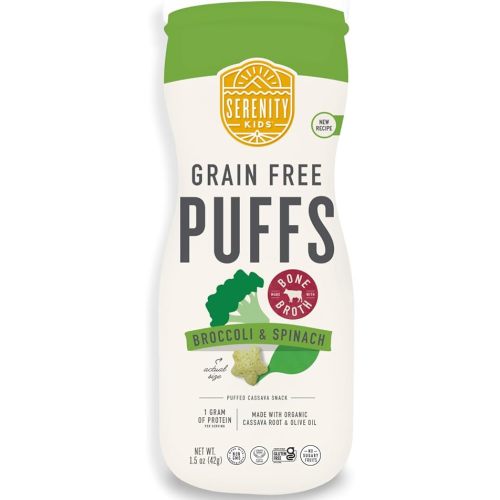 Serenity Kids 6+ Months Grain Free Puffs Toddler & Baby Snack | No Added Sugar, Gluten & Rice Free, Allergen Free | Made with Organic Cassava, Veggies, and Herbs | Broccoli & Spinach | 1 Count