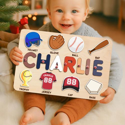 Personalized Baseball Name Puzzle for Baby Boys, Custom Wooden Toy, Toddler Learning 1st Birthday Gift, Baby Shower Gift, Nursery Decor